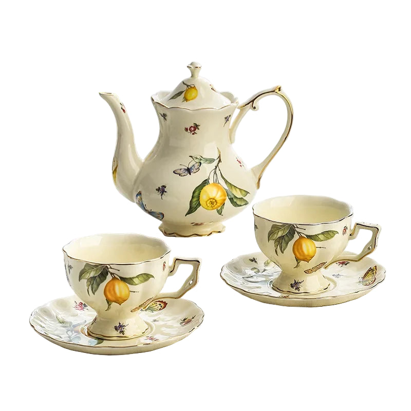 European Style Ceramic Mug, Cup & Saucer Set with Teapot – Lemon Pattern