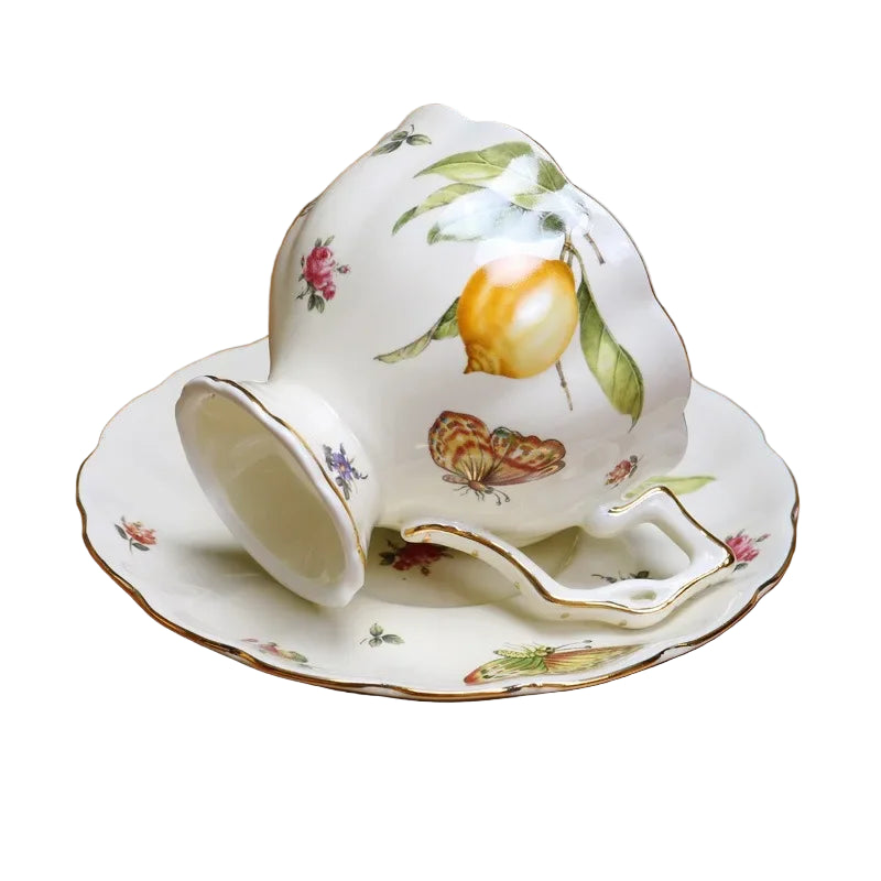 European Style Ceramic Mug, Cup & Saucer Set with Teapot – Lemon Pattern