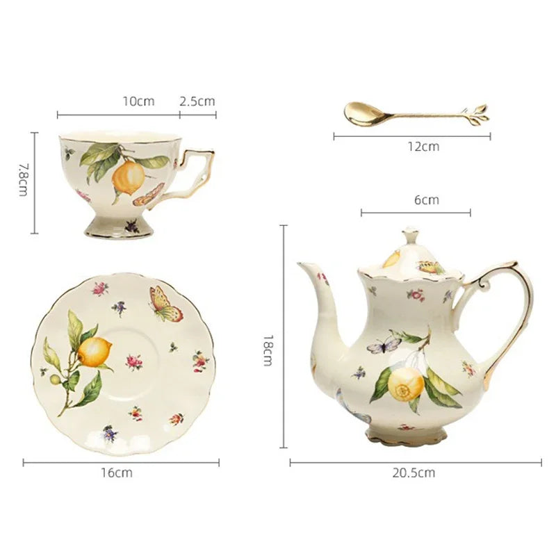 European Style Ceramic Mug, Cup & Saucer Set with Teapot – Lemon Pattern