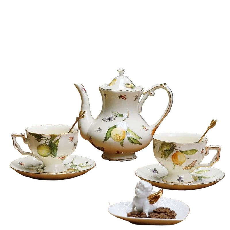 European Style Ceramic Mug, Cup & Saucer Set with Teapot – Lemon Pattern