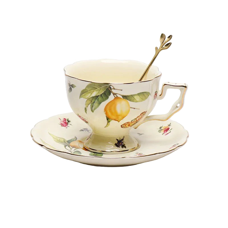 European Style Ceramic Mug, Cup & Saucer Set with Teapot – Lemon Pattern