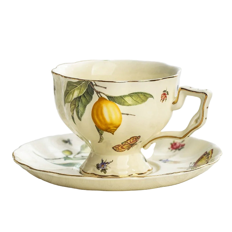 European Style Ceramic Mug, Cup & Saucer Set with Teapot – Lemon Pattern